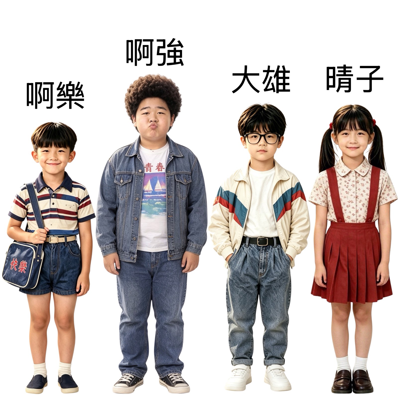 大雄系列四人設定圖：由左至右為阿樂、阿強、大雄、晴子，白底全身定妝照