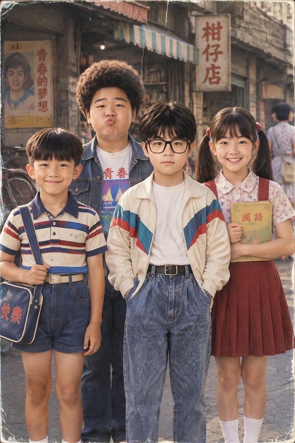 AI 生成的四人大合照：八九十年代老街，背景有柑仔店招牌與青春的夢想海報